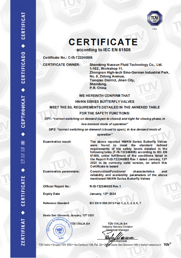 Butterfly valve TUV sil3 safety class certification